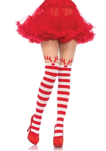 Rudolph Reindeer Opaque Striped Pantyhose With Sheer Thigh High Accent LA-7945