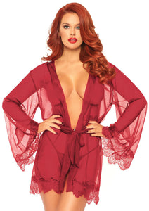 3 Pc Sheer Short Robe With Eyelash Lace Trim and Flared Sleeves - Burgandy - Xl LA-86107BURXL