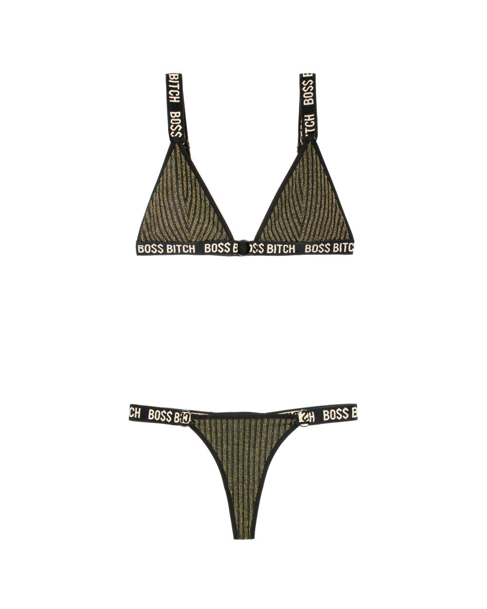 Boss Bitch Bralette and Thong Panty Set - Black / Gold - M/l