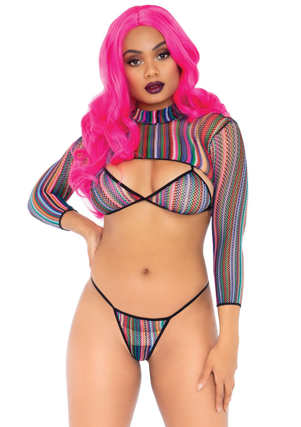 3 Pc Fishnet Bikini G-String and Crop Top - One Size - Multicolor LA-81607MULTI