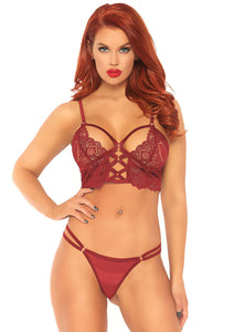 2 Pc Lace Bralette With Cage Strap O-Ring Bodice Detail and Matching G-String - Burgandy - Small/ Medium LA-81577BURSM