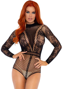 Lace and Fishnet Bodysuit - One Size - Black LA-89243BLK