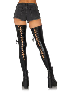 Wet Look Lace Up Thigh Hi - Black - S/m LA-6925BLKSM