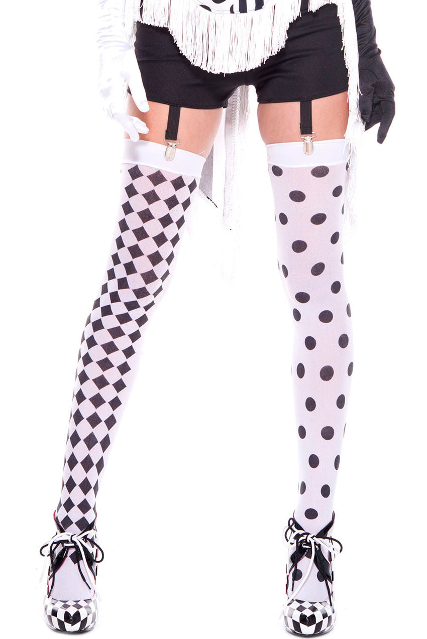 Diamond Design and Polka Dot Harlequin Thigh Hi - White / Black ML-4180WHTBLK