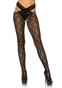 Daisy Chain Floral Lace Crotchless Wrap Around Tights - One Size - Black LA-1903BLK
